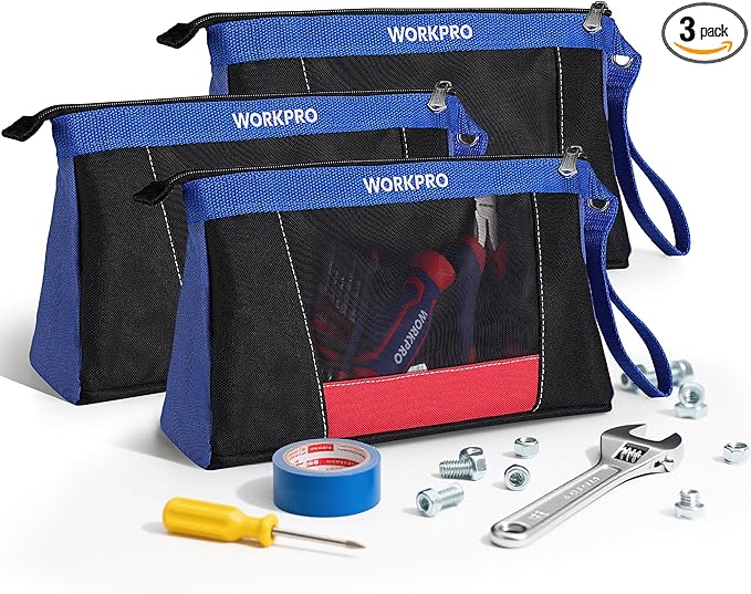 WORKPRO 12" Tool Pouches with Zipper, Heavy-Duty Small Tool Bag, Utility small tool pouch for Tool Organizers and Storage, Mini Tool Bag, 3 Pack