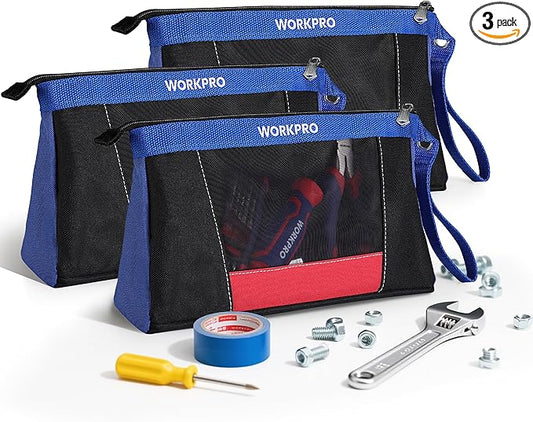 WORKPRO 12" Tool Pouches with Zipper, Heavy-Duty Small Tool Bag, Utility small tool pouch for Tool Organizers and Storage, Mini Tool Bag, 3 Pack