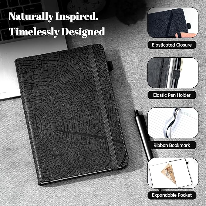 CAGIE Lined Journal for Men Women, Tree Growth Ring Leather Bound Journal Notebook, 256 Pages 100 GSM Journals for Writing, A5 Hardcover Journaling Notebooks,2 Pack (Brown & Black)