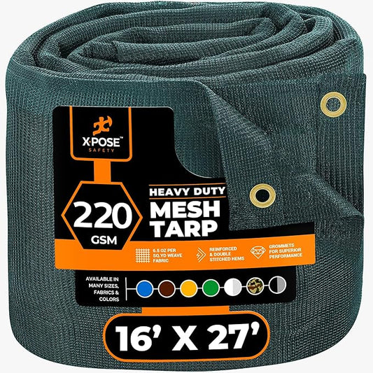 Xpose Safety Heavy Duty Green Mesh Tarp 16' x 27' – 70% Sunblock Shade Cloth with Grommets for Garden, Fence, Privacy Screen, Canopies, Dump Trucks, Pool Cover – Tear & Weather Resistant