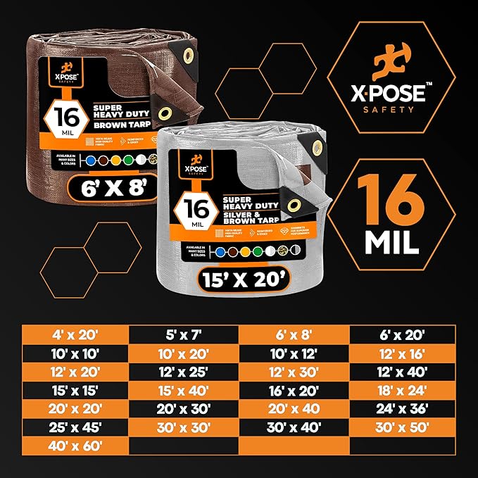 10' x 10' Super Heavy Duty 16 Mil Silver/Brown Poly Tarp Cover - Thick Waterproof, UV Resistant, Rip and Tear Proof Tarpaulin with Grommets and Reinforced Edges - by Xpose Safety