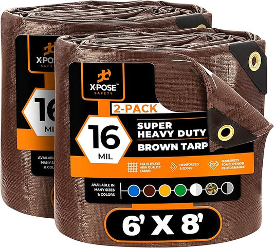 Xpose Safety Super Heavy-Duty 6' x 8' Brown Poly Tarp (2-Pack) - 16 Mil Waterproof & UV Resistant, Rip-Proof with Reinforced Edges & Grommets