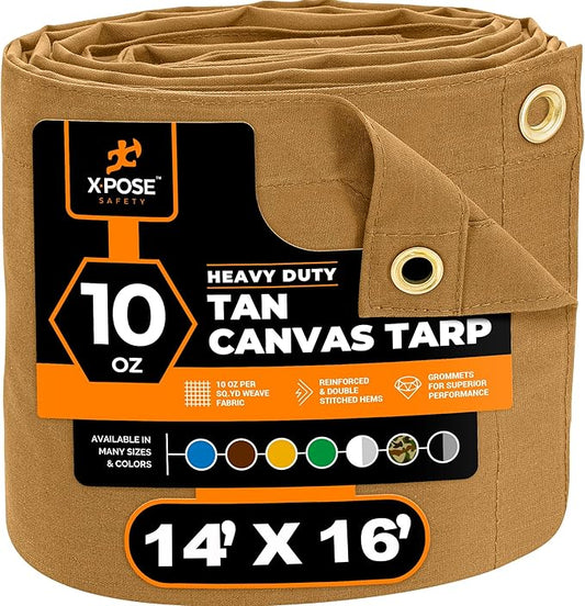 Xpose Safety Canvas Tarp - 10oz Tan Canvas Tarps Heavy Duty Water Resistant with Brass Grommets- Multipurpose Outdoor Tarpaulin for Camping, Canopy, Trailer, Equipment Cover 14' x 16'