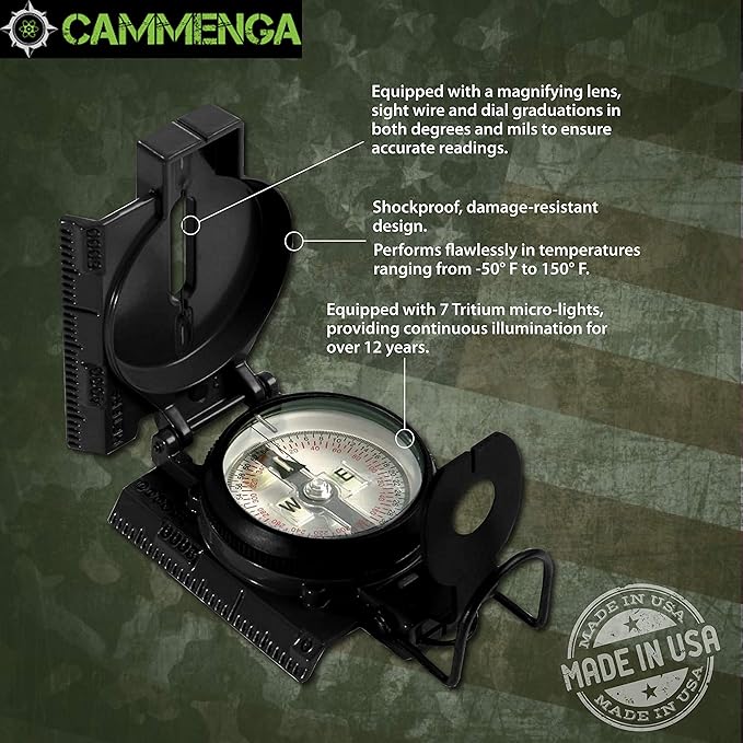 Cammenga Official US Military Tritium Lensatic Compass, Accurate Waterproof Hand Held Compasses with Pouch for Hiking Camping Navigation Survival Backpacking Orienteering