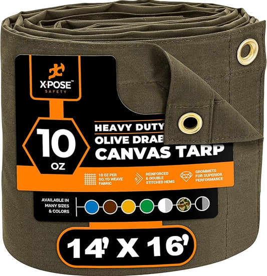 Xpose Safety Canvas Tarp - 10oz Olive Drab Canvas Tarps Heavy Duty Water Resistant with Brass Grommets- Multipurpose Outdoor Tarpaulin for Camping, Canopy, Trailer, Equipment Cover 14' x 16'