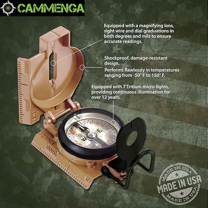 Cammenga Official US Military Tritium Lensatic Compass, Accurate Waterproof Hand Held Compasses with Pouch for Hiking Camping Navigation Survival Backpacking Orienteering