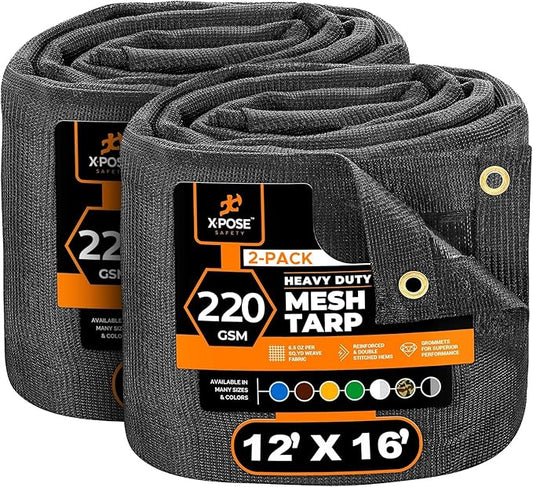 Xpose Safety Heavy Duty Mesh Tarp 12' x 16' (2-Pack) – Multipurpose Black Protective Cover with Air Flow - Use for Tie Downs, Shade, Fences, Canopies, Dump Trucks – Weather and Tear Resistant