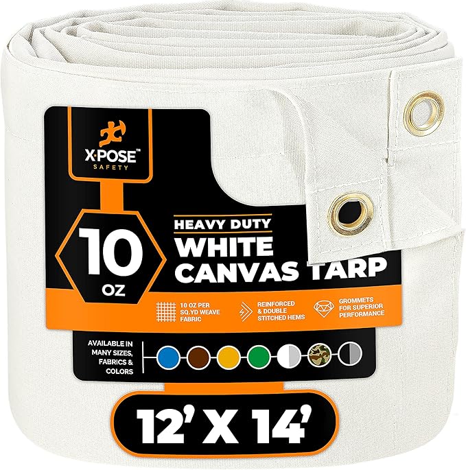 Xpose Safety Canvas Tarp - 10oz White Canvas Tarps Heavy Duty Water Resistant with Brass Grommets- Multipurpose Outdoor Tarpaulin for Camping, Canopy, Trailer, Equipment Cover 12' x 14'