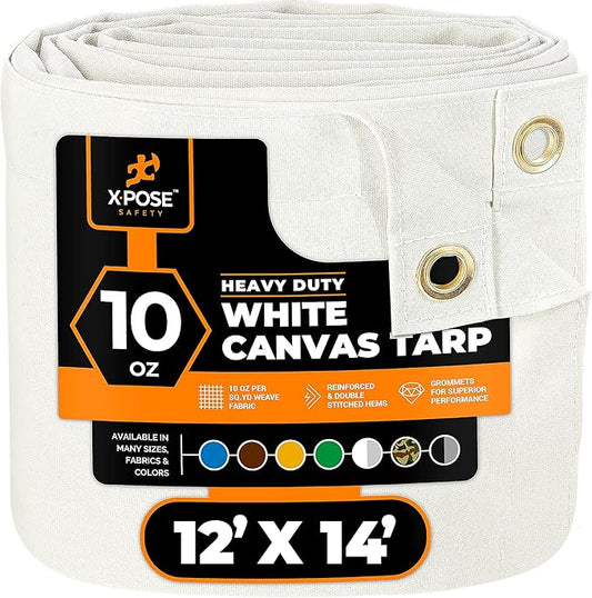 Xpose Safety Canvas Tarp - 10oz White Canvas Tarps Heavy Duty Water Resistant with Brass Grommets- Multipurpose Outdoor Tarpaulin for Camping, Canopy, Trailer, Equipment Cover 12' x 14'
