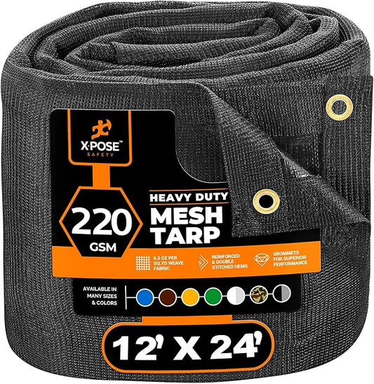 Xpose Safety Heavy Duty Mesh Tarp – 12’ x 24’ Multipurpose Black Protective Cover with Air Flow - Use for Tie Downs, Shade, Fences, Canopies, Dump Trucks – Tear Resistant