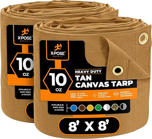 Xpose Safety Canvas Tarp - 10oz Tan Canvas Tarps Heavy Duty Water Resistant with Brass Grommets- Multipurpose Outdoor Tarpaulin for Camping, Canopy, Trailer, Equipment Cover 8' x 8' (2 Pack)