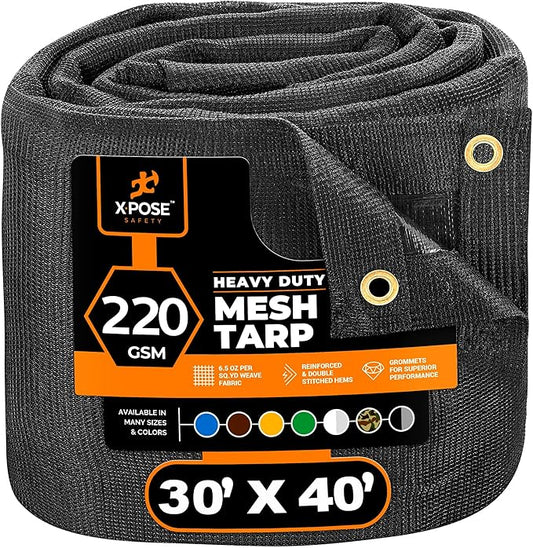 Xpose Safety Heavy Duty Mesh Tarp – 30' x 40' Multipurpose Black Protective Cover with Air Flow - Use for Tie Downs, Shade, Fences, Canopies, Dump Trucks – Weather and Tear Resistant