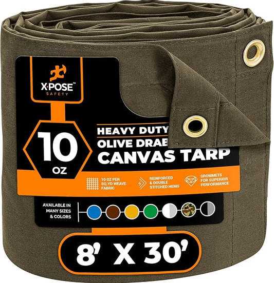 Xpose Safety Canvas Tarp - 10oz Olive Drab Canvas Tarps Heavy Duty Water Resistant with Brass Grommets- Multipurpose Outdoor Tarpaulin for Camping, Canopy, Trailer, Equipment Cover 8' x 30'