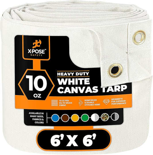 Xpose Safety Canvas Tarp - 10oz White Canvas Tarps Heavy Duty Water Resistant with Brass Grommets- Multipurpose Outdoor Tarpaulin for Camping, Canopy, Trailer, Equipment Cover 6' x 6'