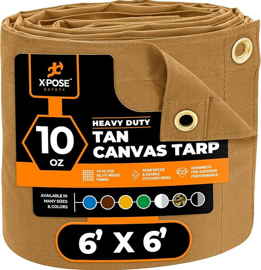 Xpose Safety Canvas Tarp - 10oz Tan Canvas Tarps Heavy Duty Water Resistant with Brass Grommets- Multipurpose Outdoor Tarpaulin for Camping, Canopy, Trailer, Equipment Cover 6' x 6'