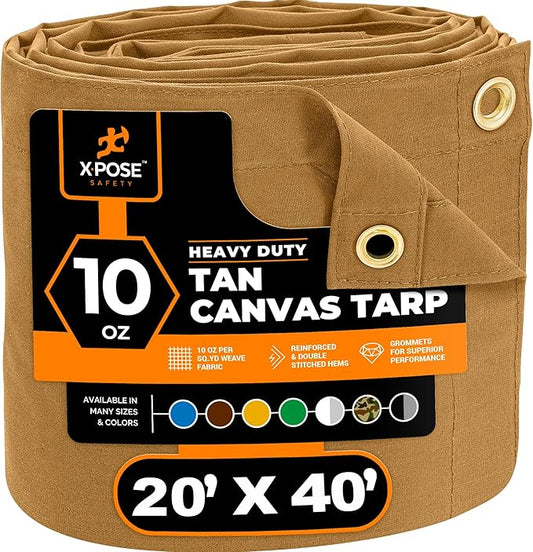 Xpose Safety Canvas Tarp - 10oz Tan Canvas Tarps Heavy Duty Water Resistant with Brass Grommets- Multipurpose Outdoor Tarpaulin for Camping, Canopy, Trailer, Equipment Cover 20' x 40'