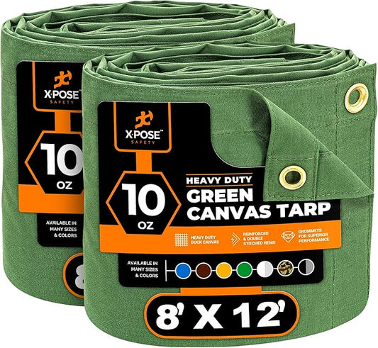 Xpose Safety Canvas Tarp - 10oz Green Canvas Tarps Heavy Duty Water Resistant with Brass Grommets- Multipurpose Outdoor Tarpaulin for Camping, Canopy, Trailer, Equipment Cover 8' x 12' (2 Pack)