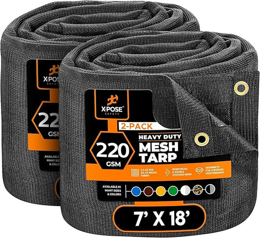 Xpose Safety Heavy Duty Mesh Tarp 7' x 18' (2-Pack) – Multipurpose Black Protective Cover with Air Flow - Use for Tie Downs, Shade, Fences, Canopies, Dump Trucks – Weather and Tear Resistant