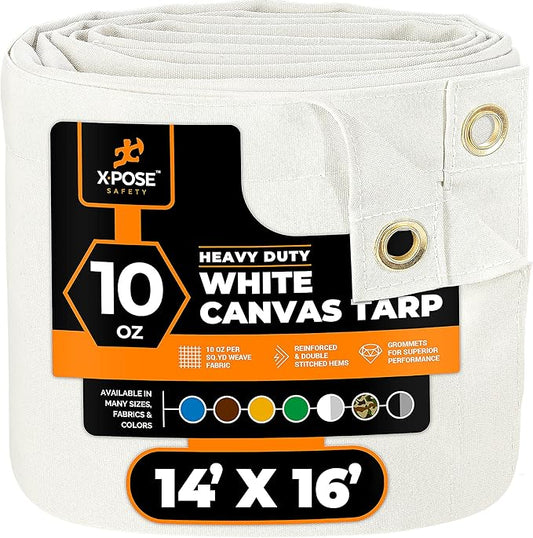 Xpose Safety Canvas Tarp - 10oz White Canvas Tarps Heavy Duty Water Resistant with Brass Grommets- Multipurpose Outdoor Tarpaulin for Camping, Canopy, Trailer, Equipment Cover 14' x 16'