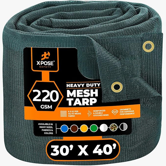 Xpose Safety Heavy Duty Green Mesh Tarp 30' x 40' – 70% Sunblock Shade Cloth with Grommets for Garden, Fence, Privacy Screen, Canopies, Dump Trucks, Pool Cover – Tear & Weather Resistant