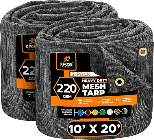 Xpose Safety Heavy Duty Mesh Tarp 10' x 20' (2-Pack) – Multipurpose Black Protective Cover with Air Flow - Use for Tie Downs, Shade, Fences, Canopies, Dump Trucks – Weather and Tear Resistant