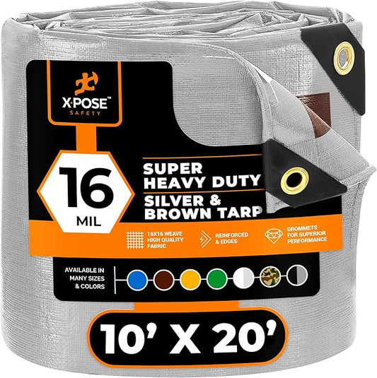 10' x 20' Super Heavy Duty 16 Mil Silver/Brown Poly Tarp Cover - Thick Waterproof, UV Resistant, Rip and Tear Proof Tarpaulin with Grommets and Reinforced Edges - by Xpose Safety
