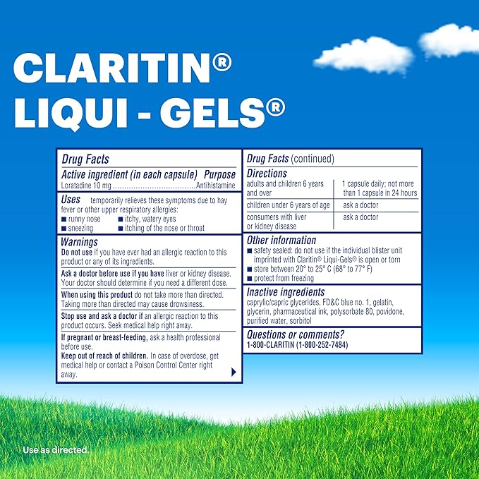 Claritin Allergy Medicine for Adults, 24-Hour Non-Drowsy Loratadine 10mg Liqui-Gels, Antihistamine, 1x10, 1x30, 1x60, 100 Total Liqui-Gels