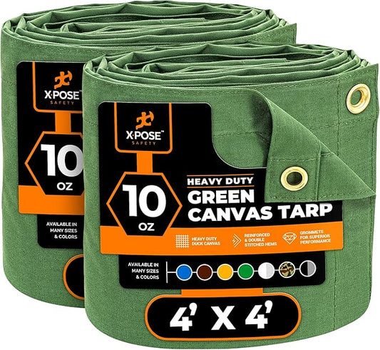 Xpose Safety Canvas Tarp - 10oz Green Canvas Tarps Heavy Duty Water Resistant with Brass Grommets- Multipurpose Outdoor Tarpaulin for Camping, Canopy, Trailer, Equipment Cover 4' x 4' (2 Pack)