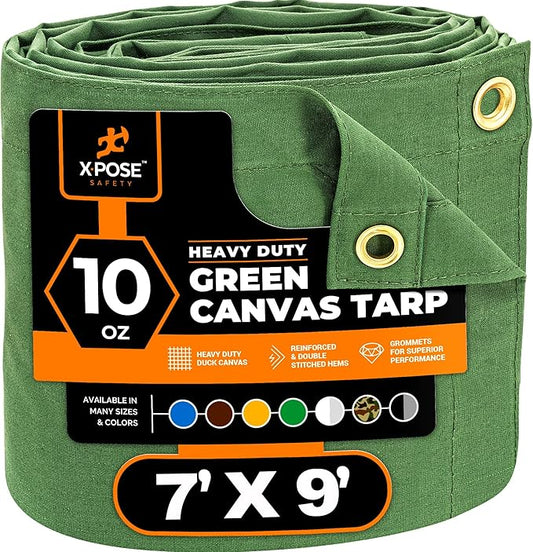 Xpose Safety Canvas Tarp - 10oz Green Canvas Tarps Heavy Duty Water Resistant with Brass Grommets- Multipurpose Outdoor Tarpaulin for Camping, Canopy, Trailer, Equipment Cover 7' x 9'