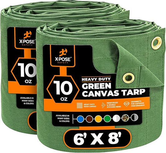Xpose Safety Canvas Tarp - 10oz Green Canvas Tarps Heavy Duty Water Resistant with Brass Grommets- Multipurpose Outdoor Tarpaulin for Camping, Canopy, Trailer, Equipment Cover 6' x 8' (2 Pack)