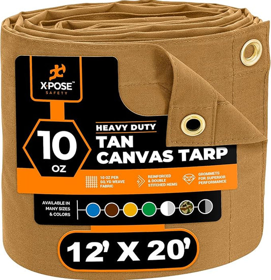 Xpose Safety Canvas Tarp - 10oz Tan Canvas Tarps Heavy Duty Water Resistant with Brass Grommets- Multipurpose Outdoor Tarpaulin for Camping, Canopy, Trailer, Equipment Cover 12' x 20'