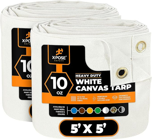 Xpose Safety Canvas Tarp - 10oz White Canvas Tarps Heavy Duty Water Resistant with Brass Grommets- Multipurpose Outdoor Tarpaulin for Camping, Canopy, Trailer, Equipment Cover 5' x 5' (2 Pack)