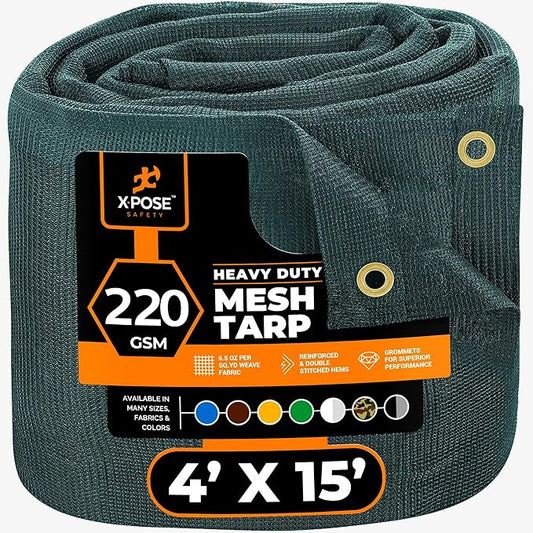 Xpose Safety Heavy Duty Green Mesh Tarp 4' x 15' – 70% Sunblock Shade Cloth with Grommets for Garden, Fence, Privacy Screen, Canopies, Dump Trucks, Pool Cover – Tear & Weather Resistant