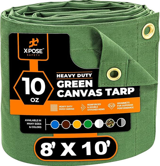 Xpose Safety Canvas Tarp - 10oz Green Canvas Tarps Heavy Duty Water Resistant with Brass Grommets- Multipurpose Outdoor Tarpaulin for Camping, Canopy, Trailer, Equipment Cover 8' x 10'
