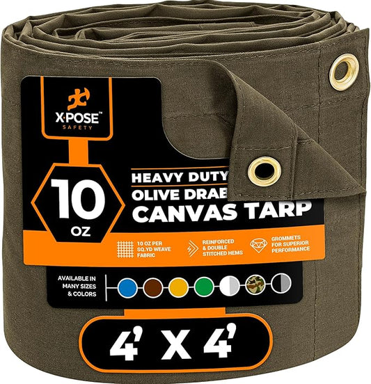 Xpose Safety Canvas Tarp - 10oz Olive Drab Canvas Tarps Heavy Duty Water Resistant with Brass Grommets- Multipurpose Outdoor Tarpaulin for Camping, Canopy, Trailer, Equipment Cover 4' x 4'