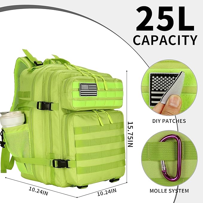 25L Tactical Backpack Small Military Tactical Backpack Molle Bag Heavy Duty Assault Pack for Work Gym Outdoors (Bright Green)