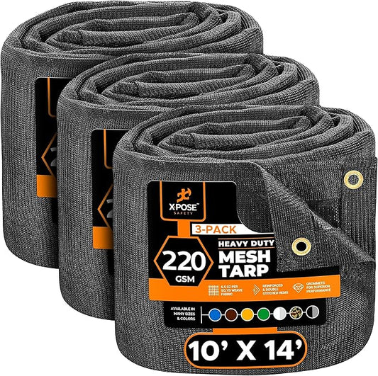 Xpose Safety Heavy Duty Mesh Tarp 10' x 14' (3-Pack) – Multipurpose Black Protective Cover with Air Flow - Use for Tie Downs, Shade, Fences, Canopies, Dump Trucks – Weather and Tear Resistant